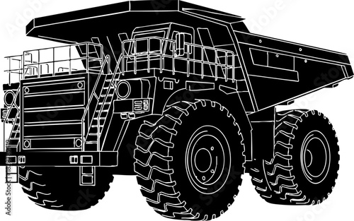 Heavy Mining Dump Truck Vector Outline Illustration