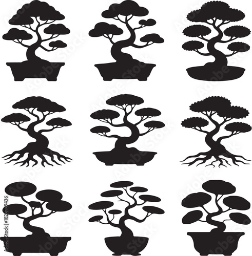 Collection of Bonsai Tree Silhouettes in Various Poses and Styles