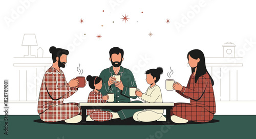 Cozy Family Time: Morning Gathering with Hot Drinks in Matching Pajamas and Minimalistic Style
