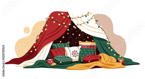 Cozy festive holiday indoor tent with blankets and pillows creating cheerful ambiance