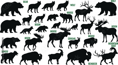 Collection of North American Wildlife Silhouettes, Including Bear, Wolf, Moose, Bison, Cougar, Reindeer, and Mountain Goat, for Nature and Hunting Design Projects.