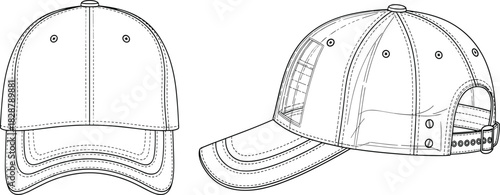 Baseball Cap Technical Flat Sketch Front and Side View, Detailed Outline Vector Drawing for Apparel Design, Fashion Mockups, and Production Specifications for Headwear.