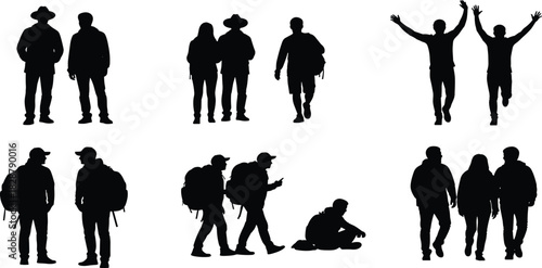Black silhouette vector set of diverse people traveling, hiking, and exploring the outdoors, featuring backpackers, couples, and friends in various dynamic poses for adventure graphics.