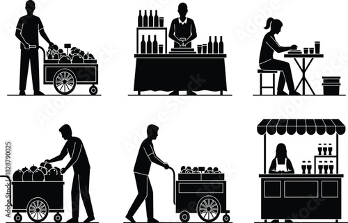 Black silhouette vector set of diverse street vendors and food stall sellers working in markets, representing small business commerce, local trade, and urban service activities in design.
