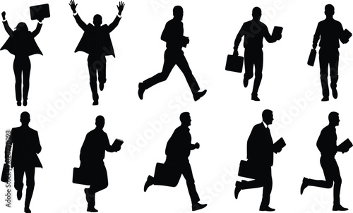Set of ten black vector silhouettes of businessmen running, jumping, and rushing with briefcases isolated on white background.