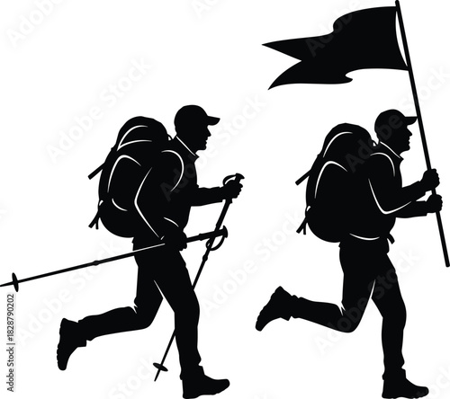 Hiker silhouette man with backpack and trekking poles running, traveler holding flag, adventure travel vector illustration isolated on white background.