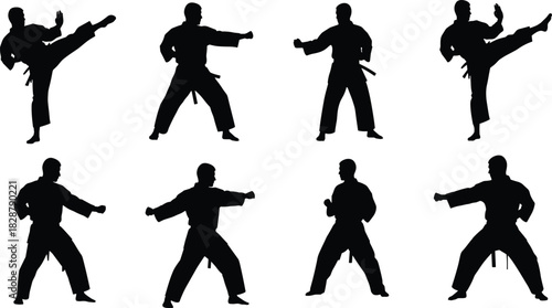 Karate man silhouette set, martial arts fighter poses, taekwondo kick and punch, black vector collection, self defense sport illustration.