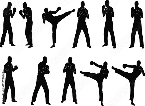 Set of black vector silhouettes featuring male fighters performing boxing punches and martial arts high kicks isolated on white background.