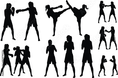 Collection of black vector silhouettes featuring female fighters performing boxing punches and martial arts high kicks isolated on white background.