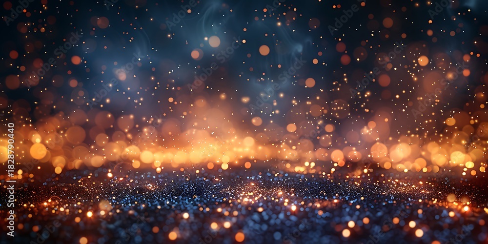 Naklejka premium Panoramic Golden Fireflies and Sparks Abstract Background with bokeh effect