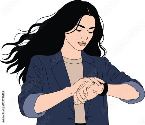 Professional Young Woman in Business Casual Attire Checking Time on a Smartwatch, Conveying Concepts of Time Management, Punctuality, Busy Schedule, and Modern Digital Lifestyle.