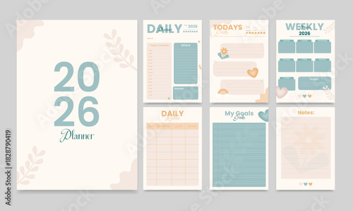 Cute and minimalist bullet journal template. Printable Daily weekly planner pages vector illustration