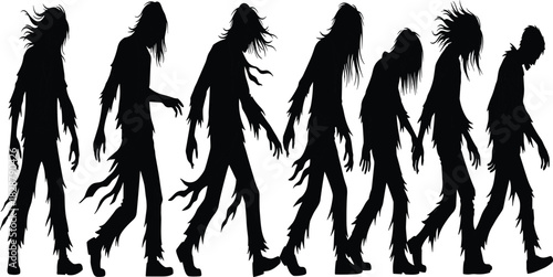 Disturbing Silhouette Row of Walking Zombies or Monsters: Horror and Halloween Concept Vector Graphic Depicting Tattered, Shaggy-Haired, Undead Creatures in a Slow, Menacing Procession.