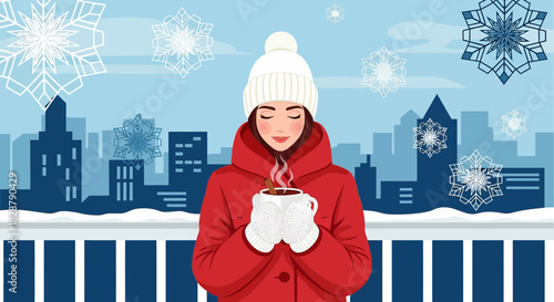 Cozy winter scene of a woman enjoying hot chocolate in snowy city backdrop feeling good vibes and