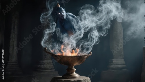 Eerie Ritual - Smoke and Shadowy Figure Emerging from a Brazier.