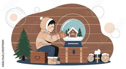 Enchanting winter scene, a child gazes at a snowy cabin within a magical snow globe wonder