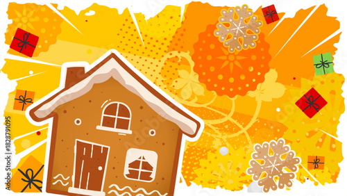 Christmas background with gingerbread house and gifts, copy space - banner, background, poster - vector illustration