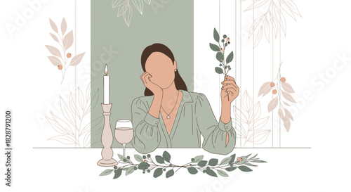Faceless woman at candlelit table with wine contemplating nature's beauty at evening