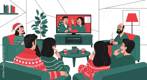 Families connected via digital video calls celebrating christmas enjoying virtual holidays together