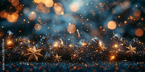 Panoramic Blue Christmas Garland with Golden Stars and Bokeh Lights