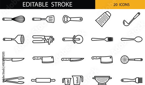 Minimal editable-stroke kitchen utensil icon set featuring cooking tools, knives, cookware, and food preparation symbols for culinary design and branding.