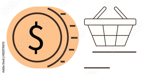 Coin with dollar sign and empty shopping basket outlines. Ideal for finance, e-commerce, retail, consumer spending, budgeting, economics, commerce metaphors. Simple flat metaphor