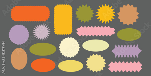 A vibrant assortment of blank labels and frames in different hues and dynamic edge patterns, useful as design elements, text boxes, or decorative accents for various projects.