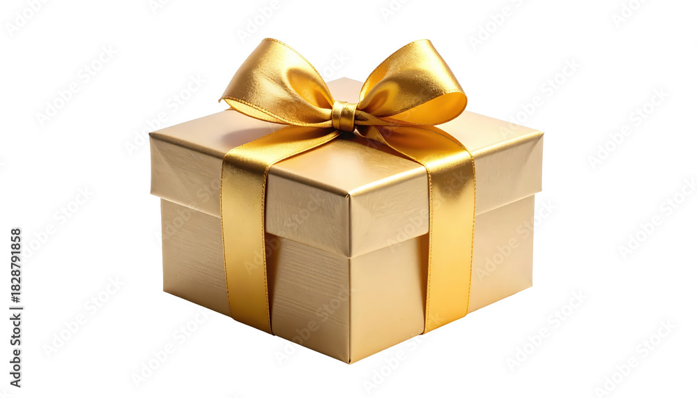Obraz premium Elegant Gold Gift Box With Satin Ribbon Bow Isolated On Black Background For Birthday Christmas Valentine's Day And Special Occasions