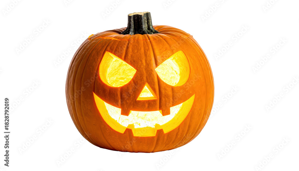 Obraz premium Illuminated Jack O Lantern With Carved On Transparent Background For Halloween Decorations And Spooky Holiday Celebrations