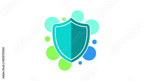 A teal shield icon surrounded by colorful circles, representing digital security and protection.