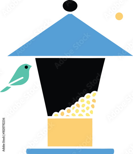 Illustrated bird feeder with bird isolated on transparent background