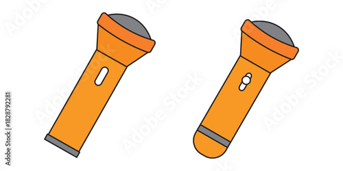 Hand torch flashlight set. collection of electric lantern group in flat style, portable light, battery lamp, emergency beam outline, glowing tool icon bundle.