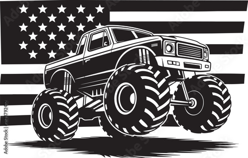 Monster truck with american flag background vector illustration in black and white
