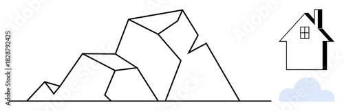 Abstract mountain range made of angular shapes beside a house and a cloud. Ideal for nature, landscape, simplicity, geometry, home, serenity, balance. A simple flat metaphor
