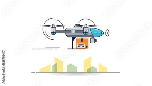 A delivery drone flies with a package above stylized buildings