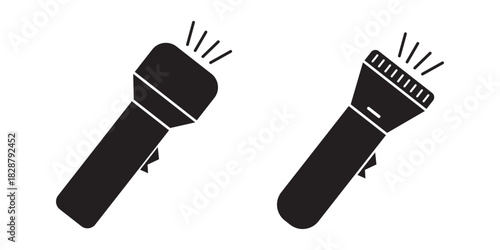 Hand torch flashlight set, black vector collection of electric lantern group in flat style, portable light, battery lamp, emergency beam outline, glowing tool icon bundle