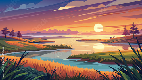 Very beautiful Huntington Beach State Park landscape at sunset, featuring wide salt marsh views, glowing horizon colors, tranquil reflective water, soft grasses, and a peaceful New England–style coast