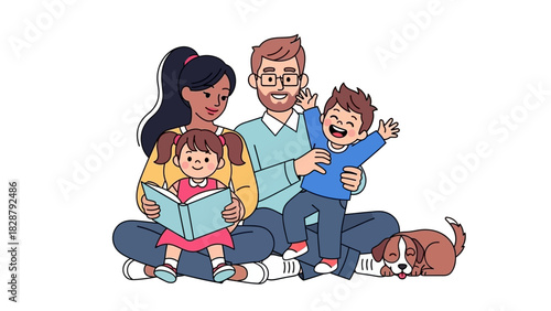A family reads together including two parents two children and a dog