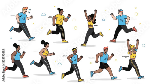 A group of diverse runners arms pumping legs striding smiles on a white background with abstract shapes