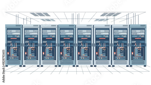 A row of eight identical bluegray server racks in a data center arranged sidebyside
