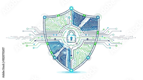 A shieldshaped graphic with a padlock suggesting cybersecurity or protection