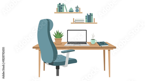 A workstation featuring a laptop notebook beverage chair and plant on a desk beneath wallmounted shelves