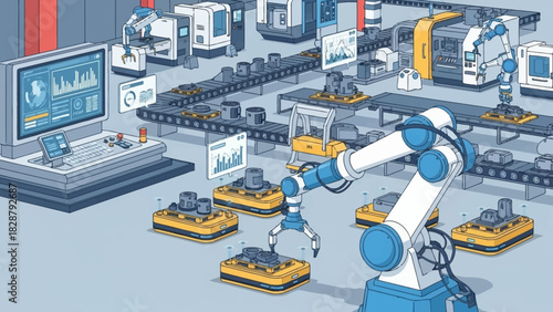 Animated factory scene robots assembly lines monitors and automated platforms