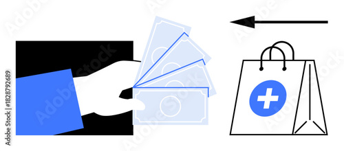 Payment concept. Hand holding cash facing shopping bag with medical cross symbol to suggest payment for goods or services. Payment systems, retail, health commerce, transactions, finance visuals