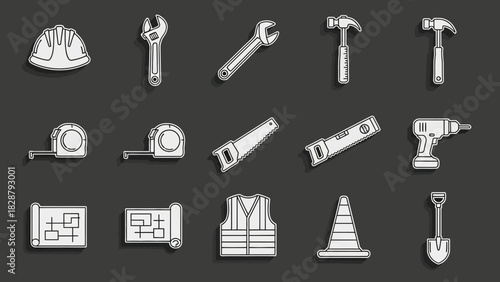 Construction tools helmet wrenches hammers tape measures saws blueprints vest cone drill shovel