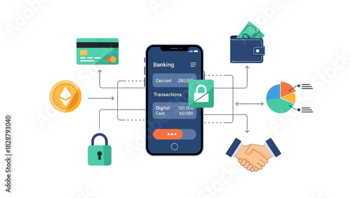 Diagram of a smartphone app connected to various financial and security features