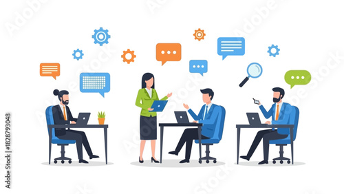 Digital illustration shows office workers in a meeting using laptops and discussing with speech bubbles