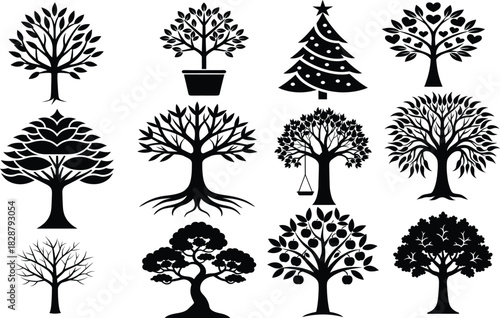 A set of vector tree silhouettes with leaf and branch elements for floral nature pattern design illustration
