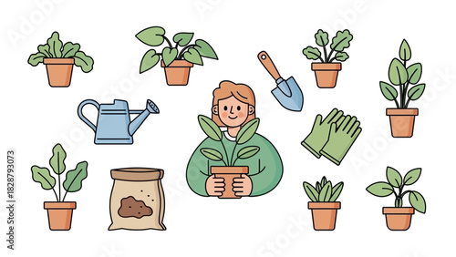 Drawing of a woman surrounded by gardening tools and potted plants