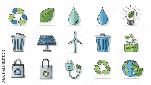 Environmental icons depict sustainability recycle logo solar panel wind turbine trash can leaf water drops compost and lightbulb